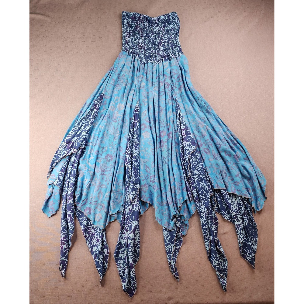 Purple Lotus Boho Smocked Convertible Dress Skirt Blue Floral Sharkbite Hem